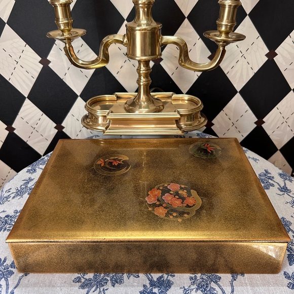 Japanese Gold Lacquered Large Box Black Interior| Cherry Blossoms Storage Decor - Picture 6 of 16